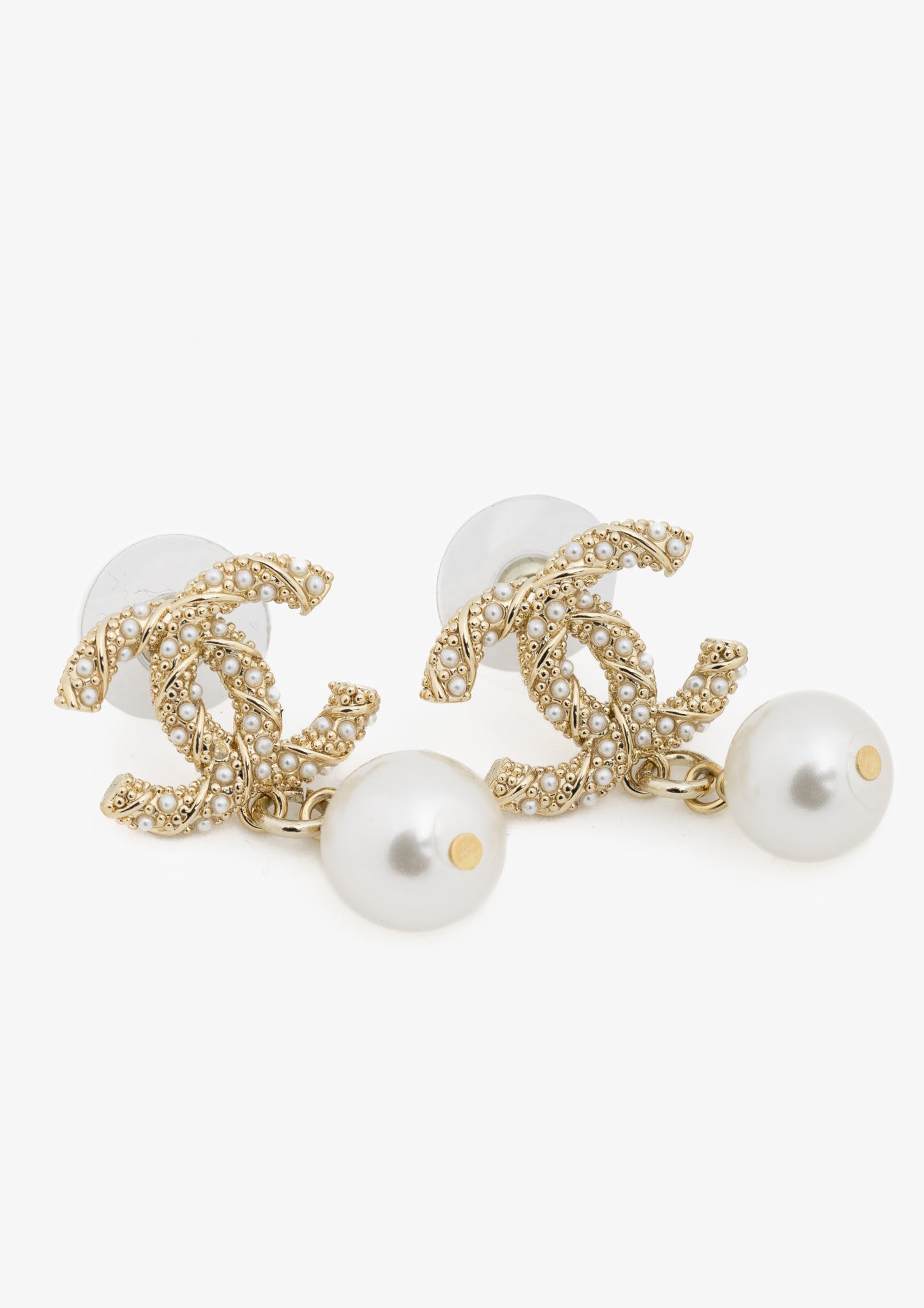 Chanel D22 Gold-Tone Pearl-Embellished CC Dangling-Charm Stud Earrings