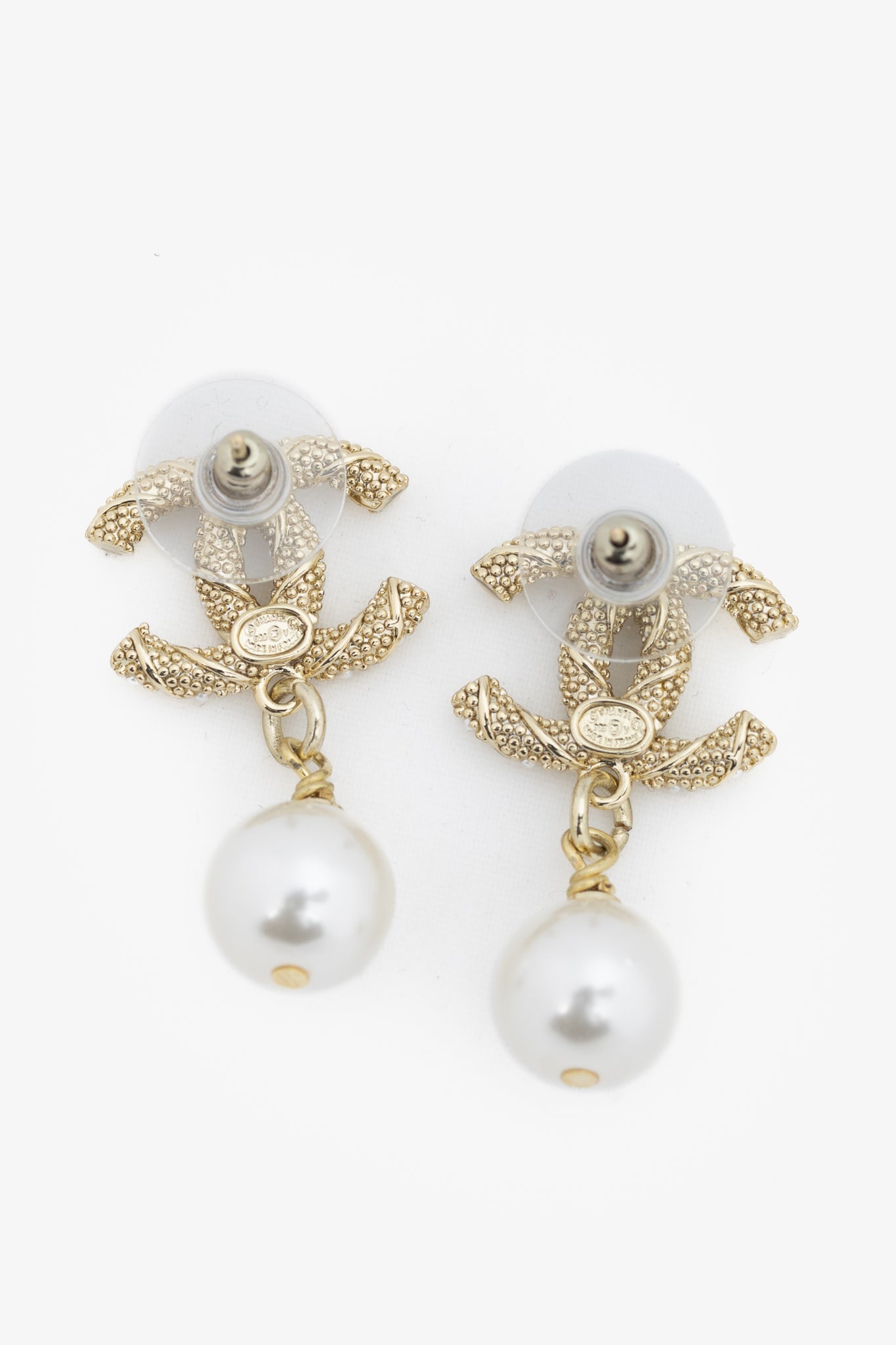 Chanel D22 Gold-Tone Pearl-Embellished CC Dangling-Charm Stud Earrings