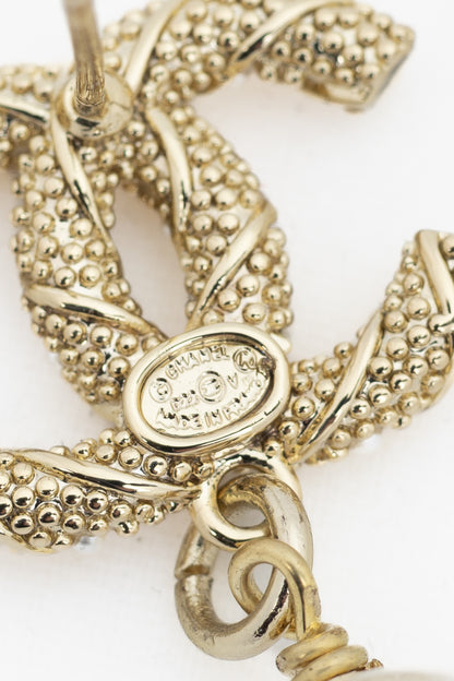 Chanel D22 Gold-Tone Pearl-Embellished CC Dangling-Charm Stud Earrings