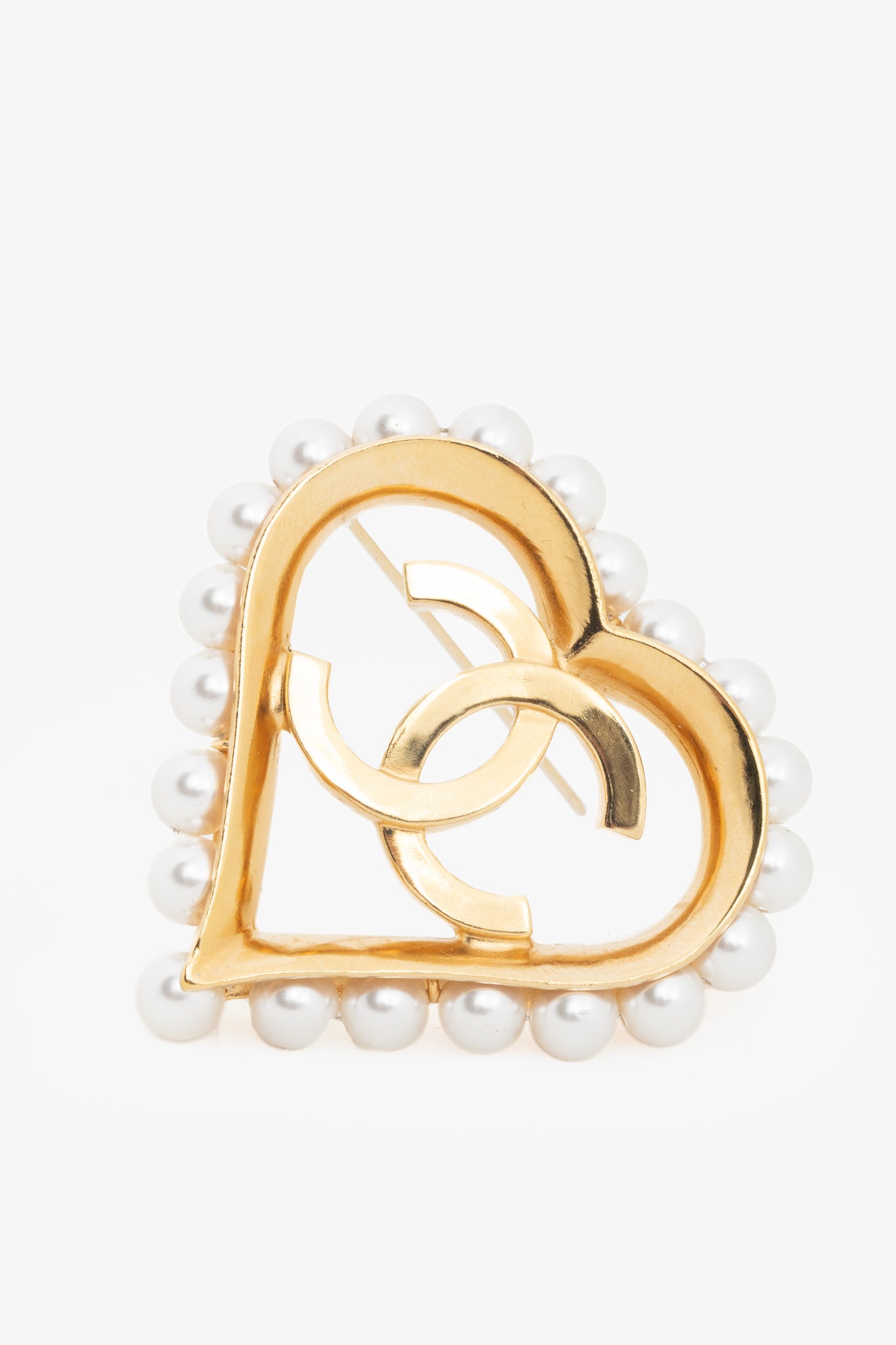 Chanel 19K Gold-Tone Faux-Pearl-Embellished CC-Heart Brooch