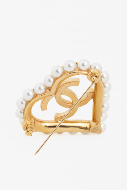Chanel 19K Gold-Tone Faux-Pearl-Embellished CC-Heart Brooch