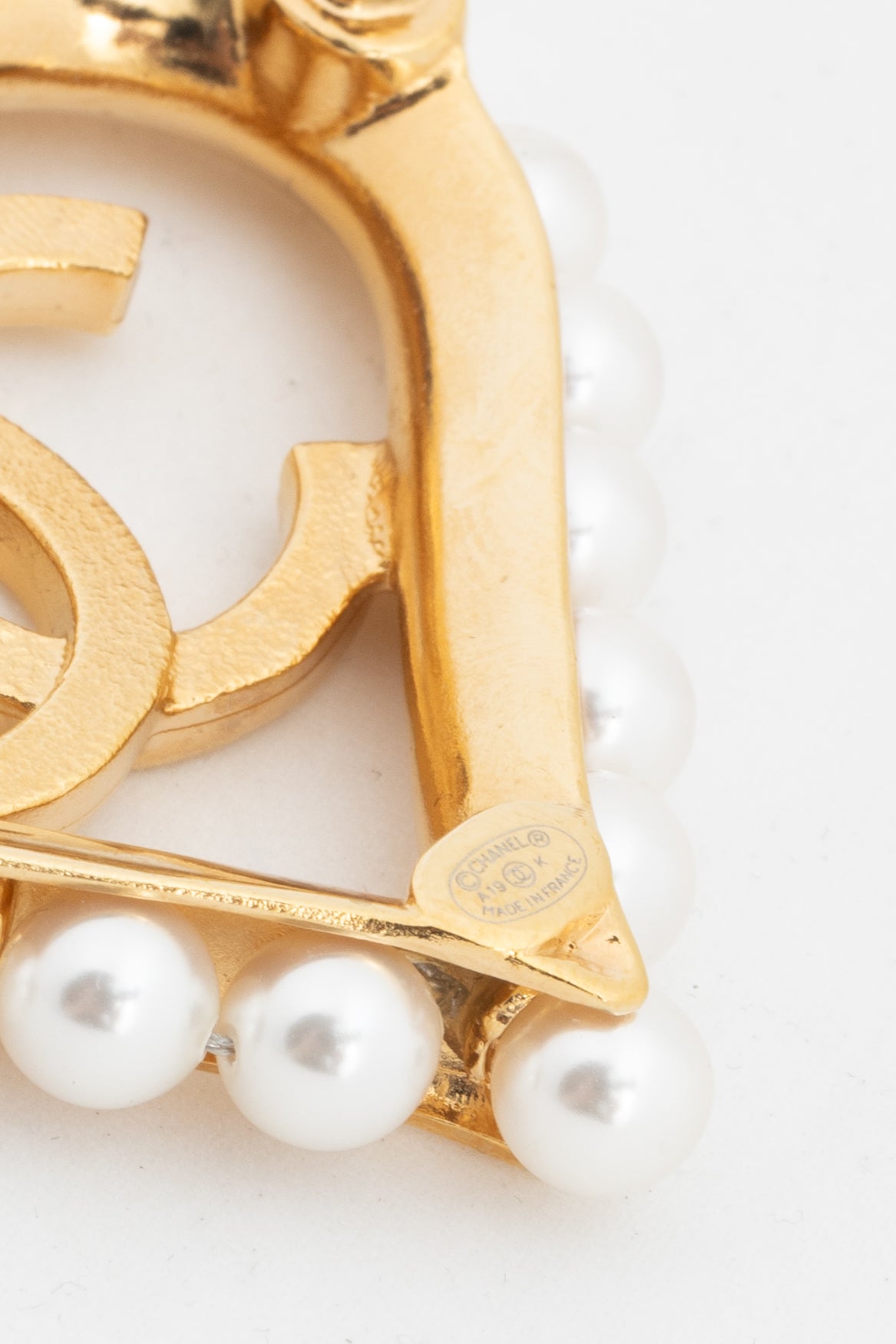 Chanel 19K Gold-Tone Faux-Pearl-Embellished CC-Heart Brooch