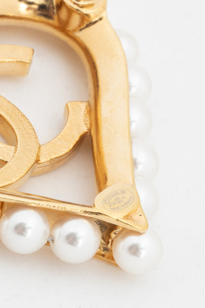 Chanel 19K Gold-Tone Faux-Pearl-Embellished CC-Heart Brooch