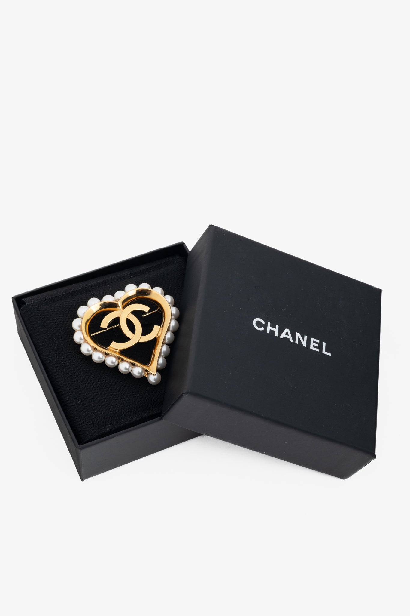 Chanel 19K Gold-Tone Faux-Pearl-Embellished CC-Heart Brooch