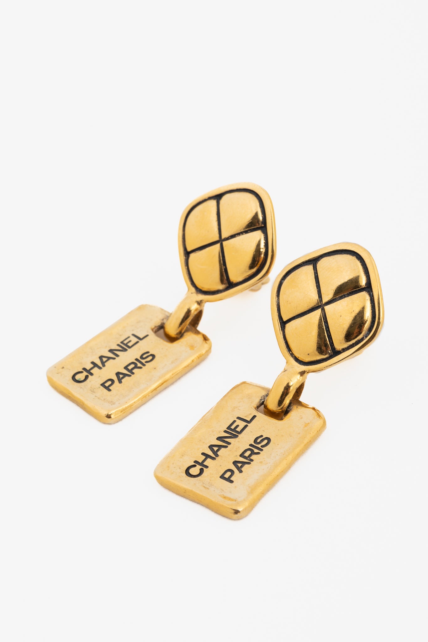 Chanel 24k-Gold Plated Quilted Clip-On Drop Earrings