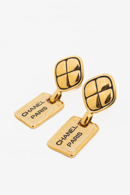 Chanel 24k-Gold Plated Quilted Clip-On Drop Earrings