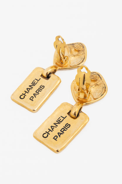 Chanel 24k-Gold Plated Quilted Clip-On Drop Earrings