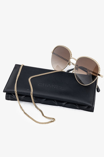 Chanel Pantos Gold-Tone & Black Metal-Chain Sunglasses