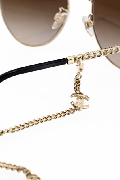 Chanel Pantos Gold-Tone & Black Metal-Chain Sunglasses