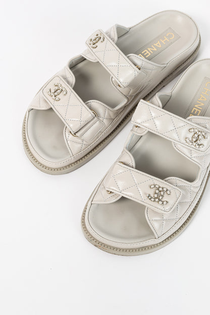 Chanel Light-Grey Lambskin Quilted CC Chain Dad Sandals
