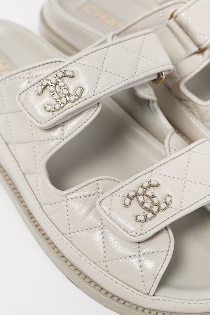 Chanel Light-Grey Lambskin Quilted CC Chain Dad Sandals