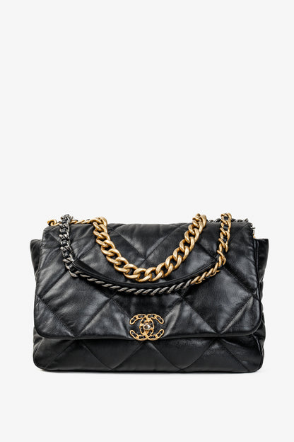 Chanel Maxi 19 Large Classic Two-Tone Chain Black Leather Flap Bag