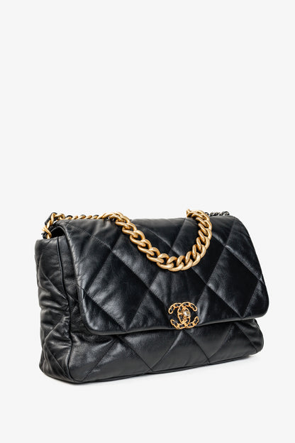 Chanel Maxi 19 Large Classic Two-Tone Chain Black Leather Flap Bag