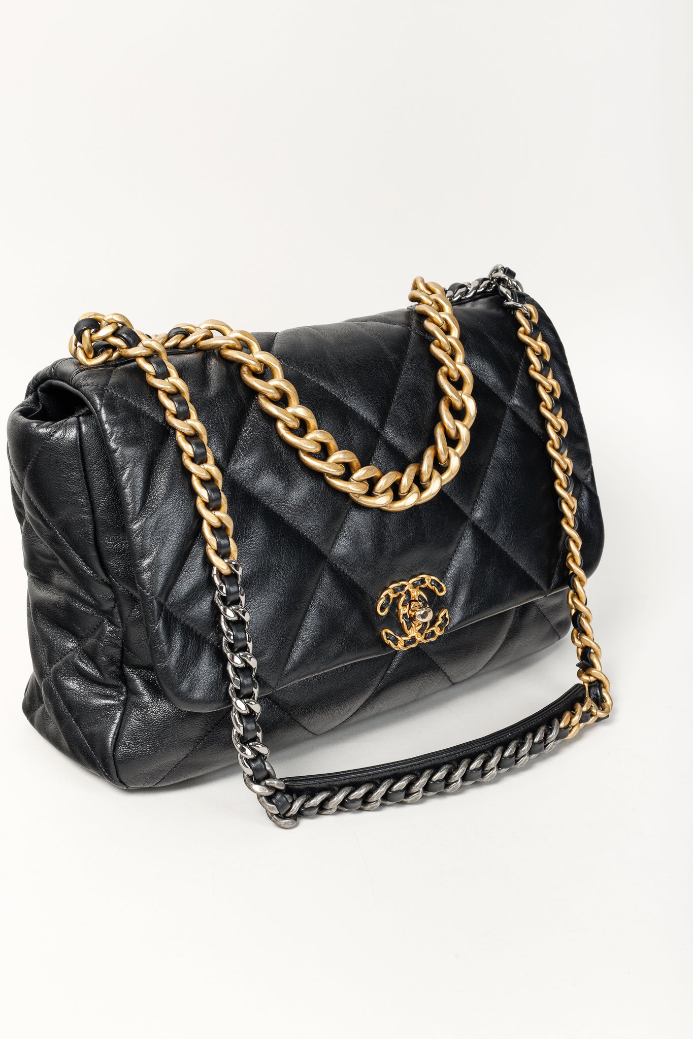 Chanel Maxi 19 Large Classic Two-Tone Chain Black Leather Flap Bag