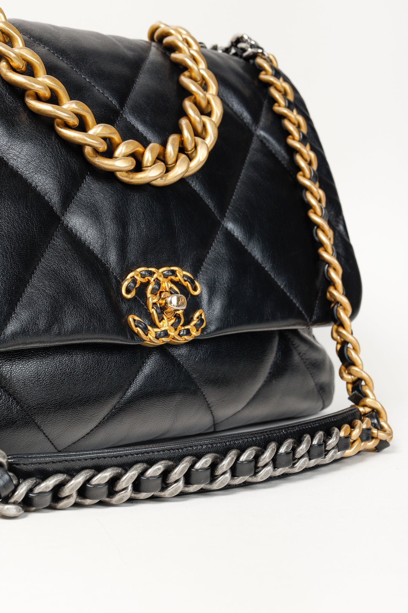 Chanel Maxi 19 Large Classic Two-Tone Chain Black Leather Flap Bag