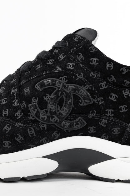 Chanel 22A Black Printed-CC-Logo Suede Low-Top Sneakers