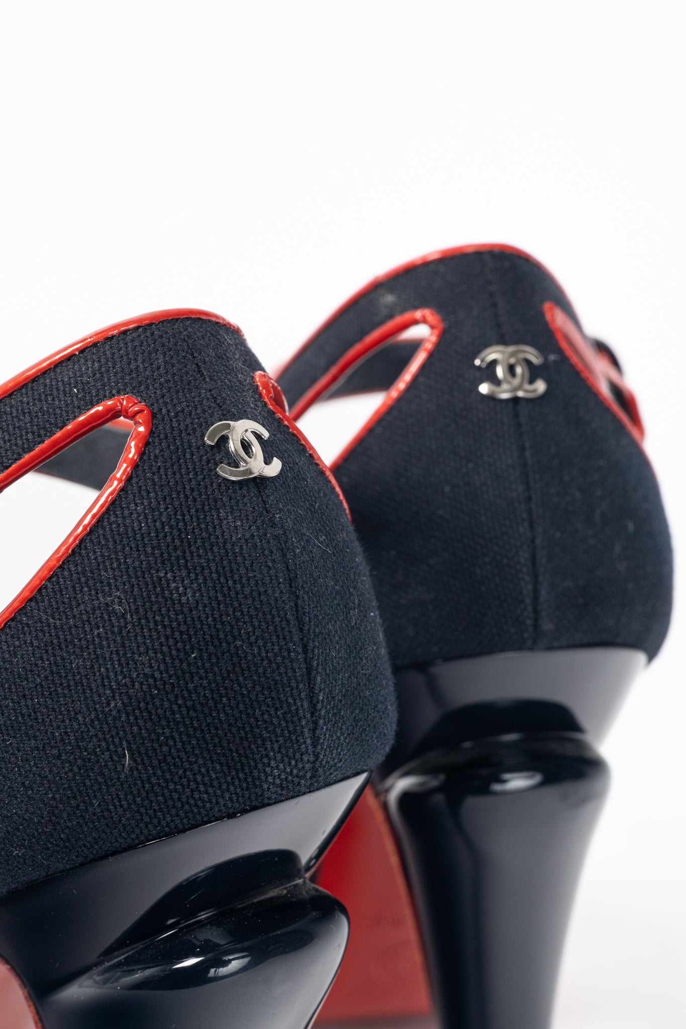 Chanel SS/08 Runway Navy Canvas & Red Patent Leather Sandals