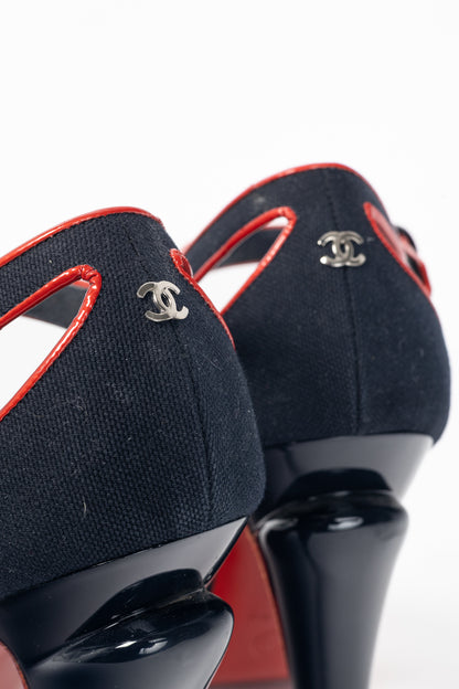 Chanel SS/08 Runway Navy Canvas & Red Patent Leather Sandals