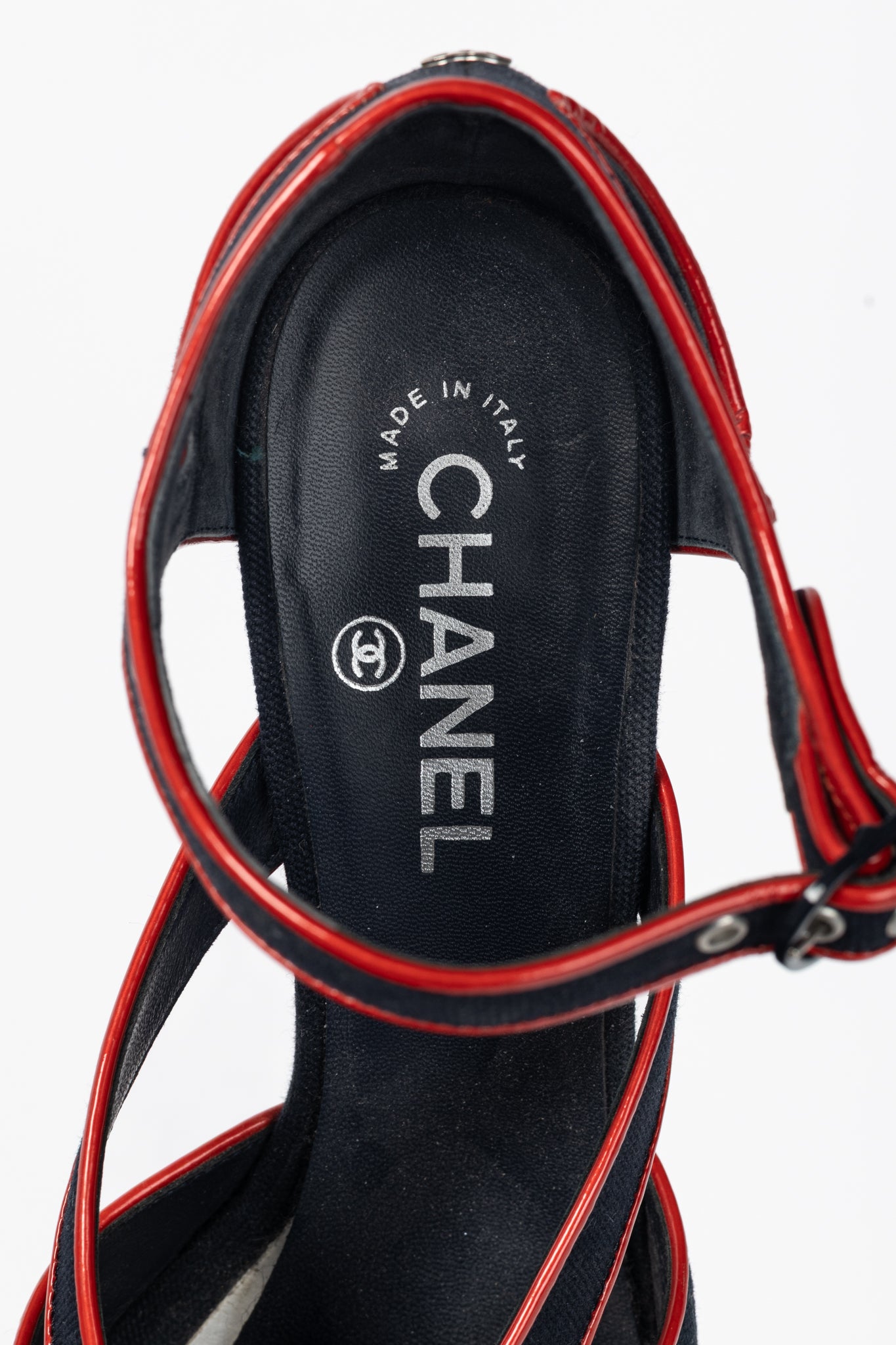 Chanel SS/08 Runway Navy Canvas & Red Patent Leather Sandals