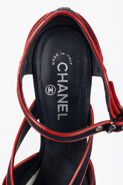 Chanel SS/08 Runway Navy Canvas & Red Patent Leather Sandals