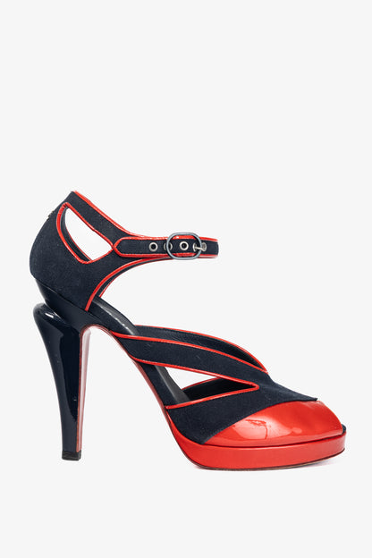 Chanel SS/08 Runway Navy Canvas & Red Patent Leather Sandals