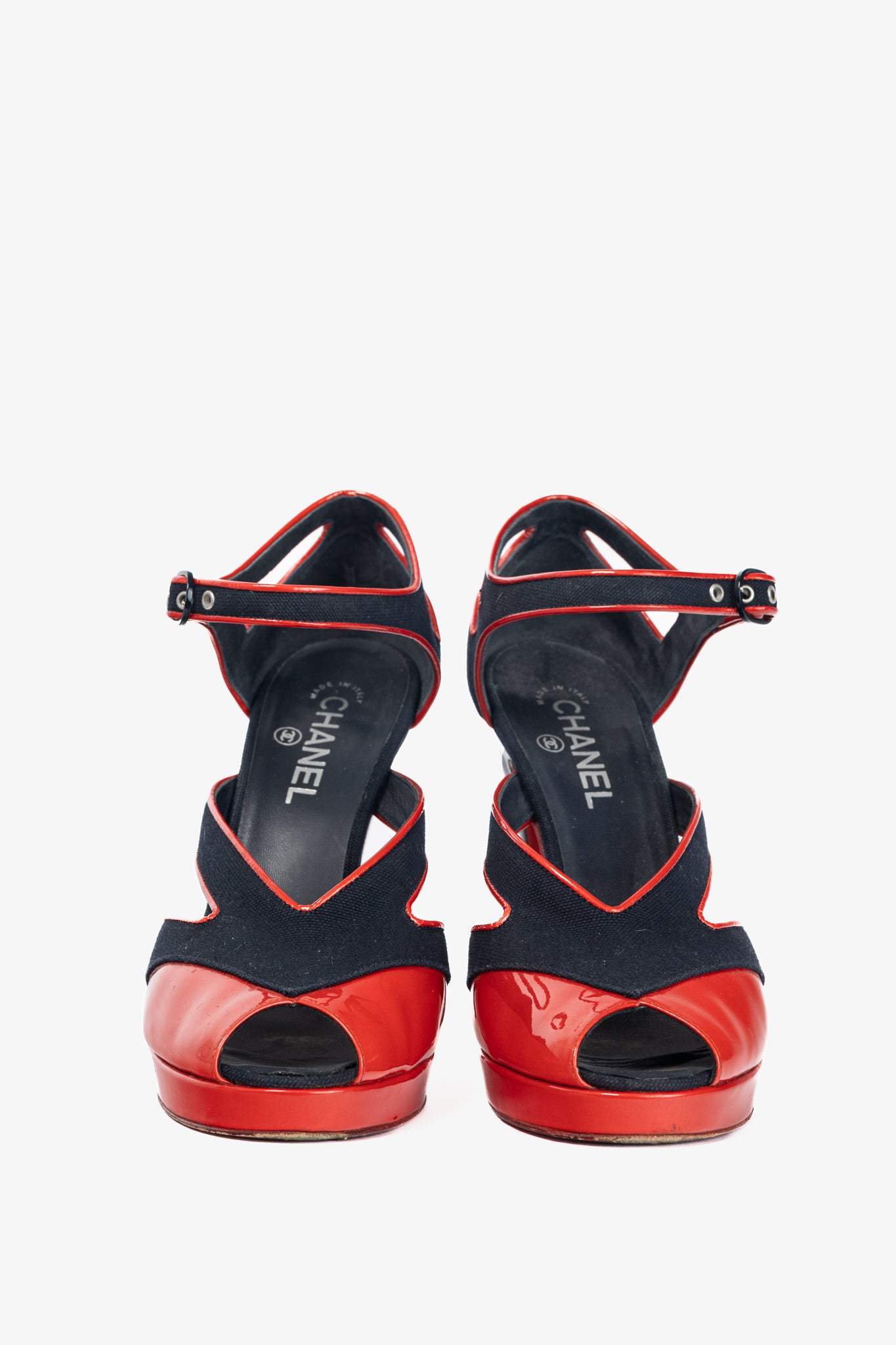 Chanel SS/08 Runway Navy Canvas & Red Patent Leather Sandals