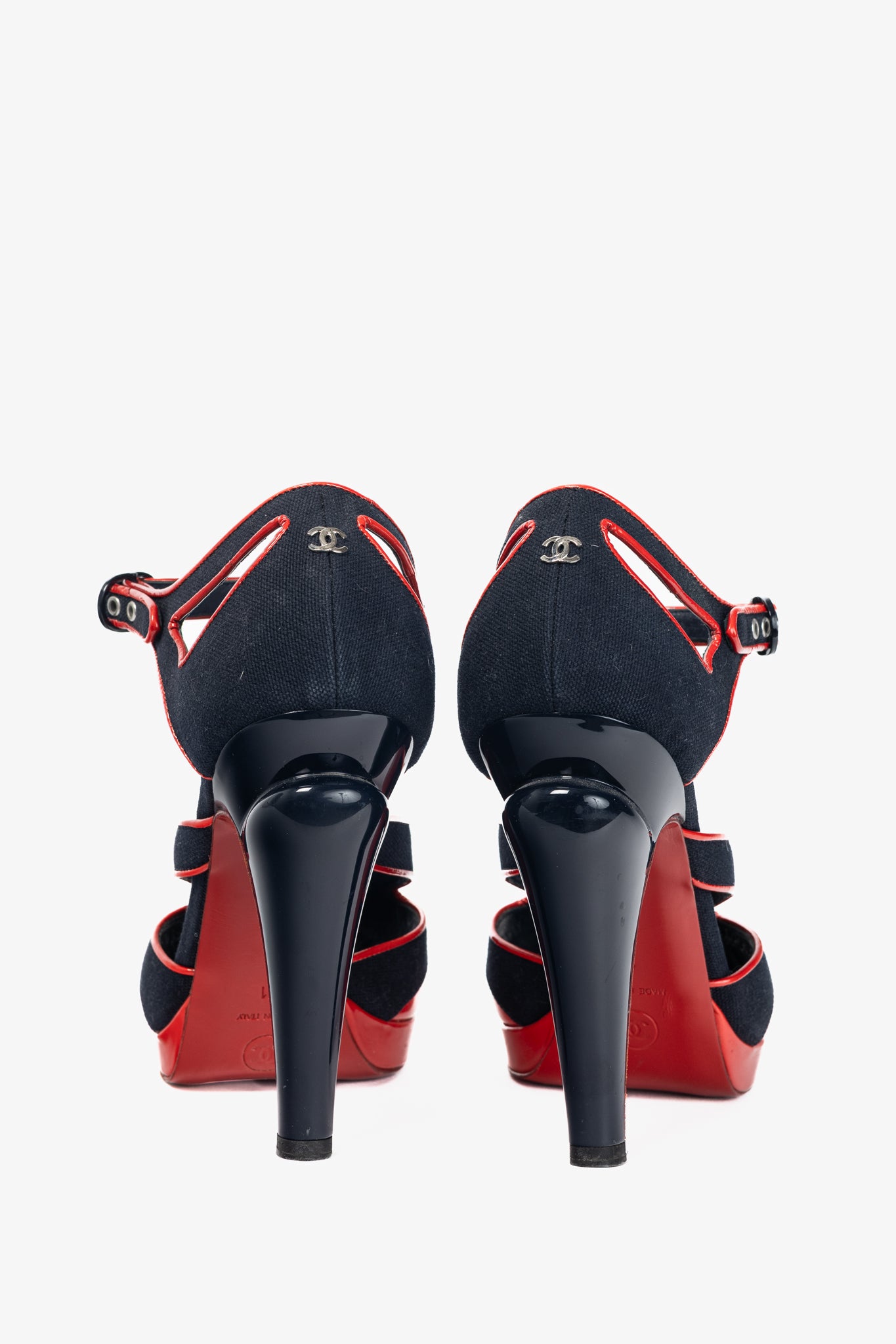 Chanel SS/08 Runway Navy Canvas & Red Patent Leather Sandals