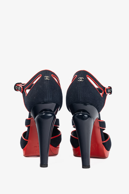 Chanel SS/08 Runway Navy Canvas & Red Patent Leather Sandals