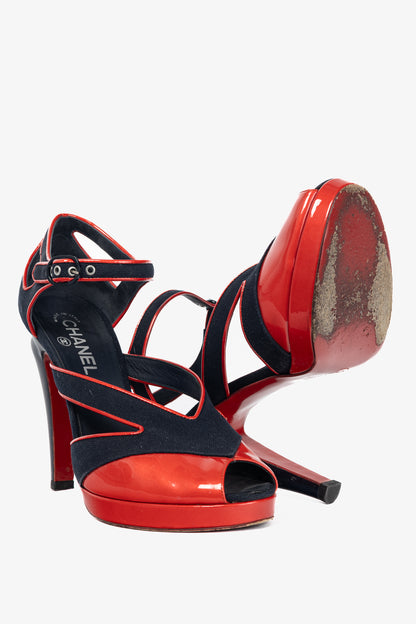 Chanel SS/08 Runway Navy Canvas & Red Patent Leather Sandals