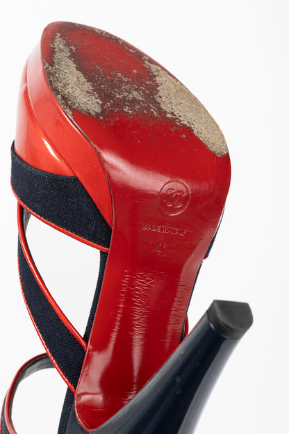 Chanel SS/08 Runway Navy Canvas & Red Patent Leather Sandals