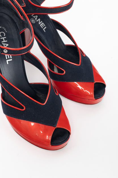 Chanel SS/08 Runway Navy Canvas & Red Patent Leather Sandals