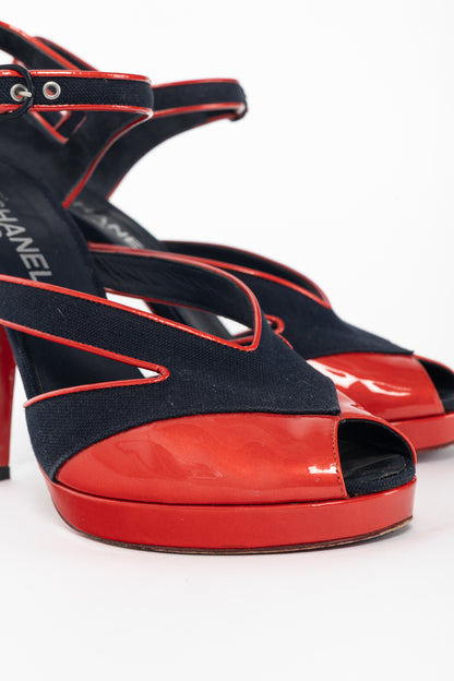 Chanel SS/08 Runway Navy Canvas & Red Patent Leather Sandals