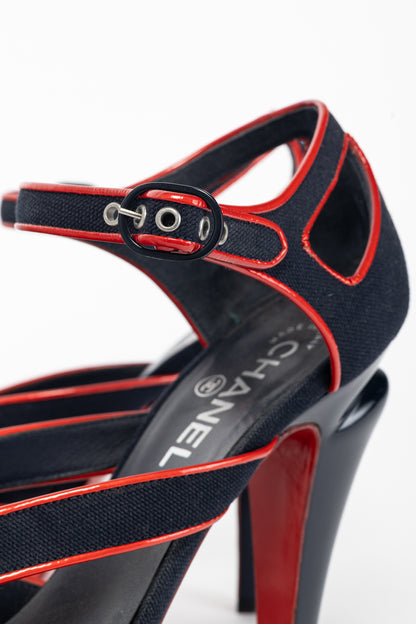 Chanel SS/08 Runway Navy Canvas & Red Patent Leather Sandals