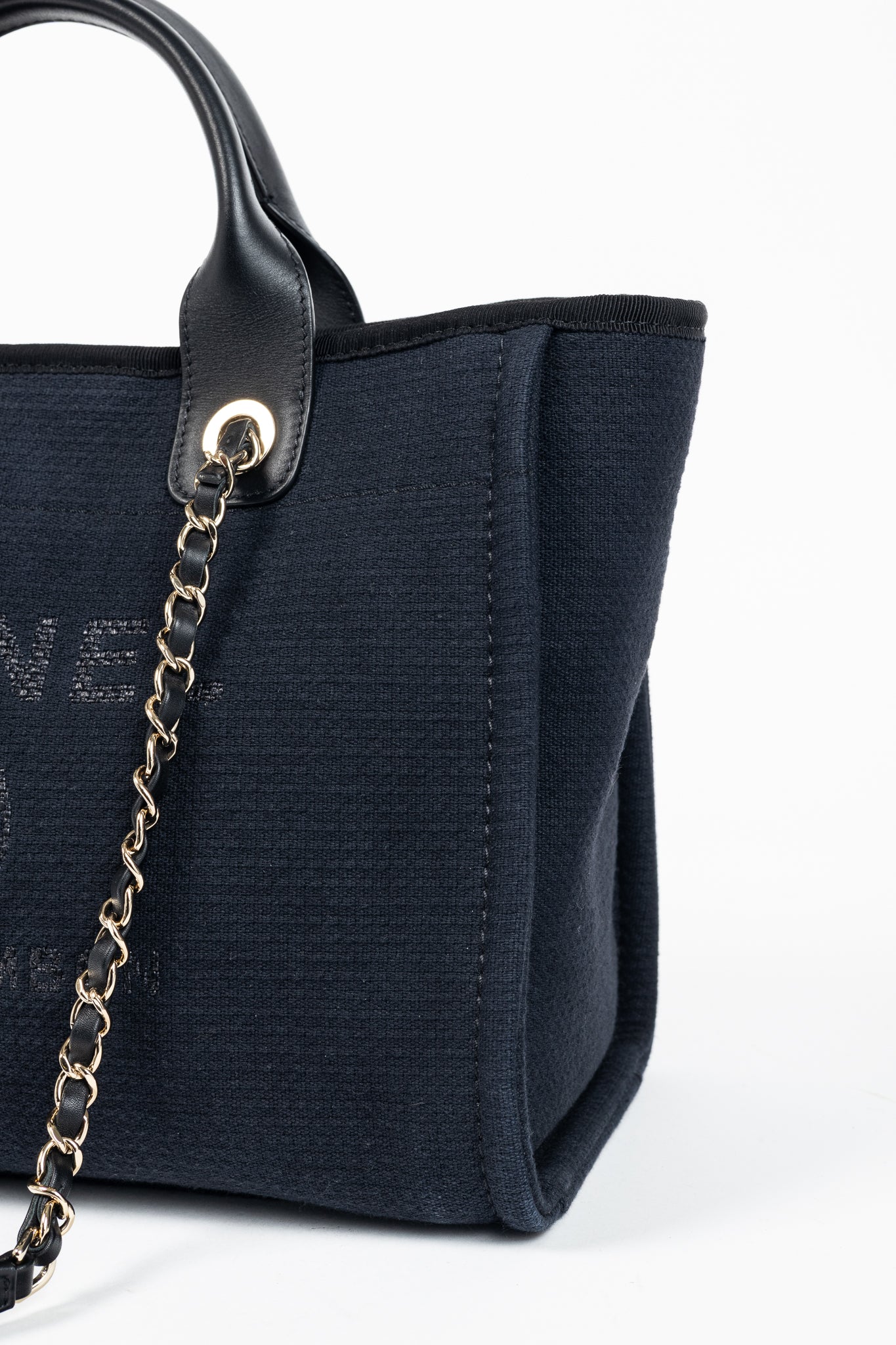 Chanel Small Deauville Black Canvas Logo Shopping Bag