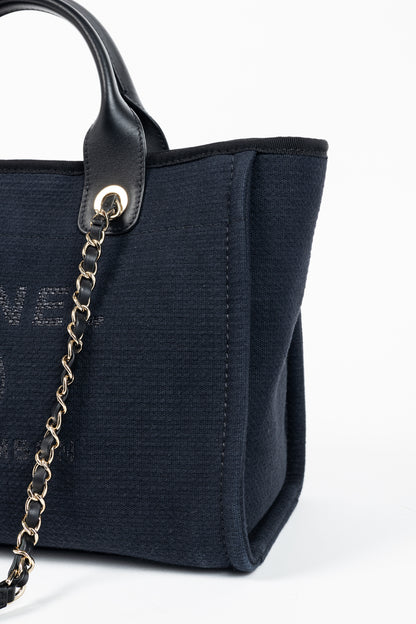 Chanel Small Deauville Black Canvas Logo Shopping Bag