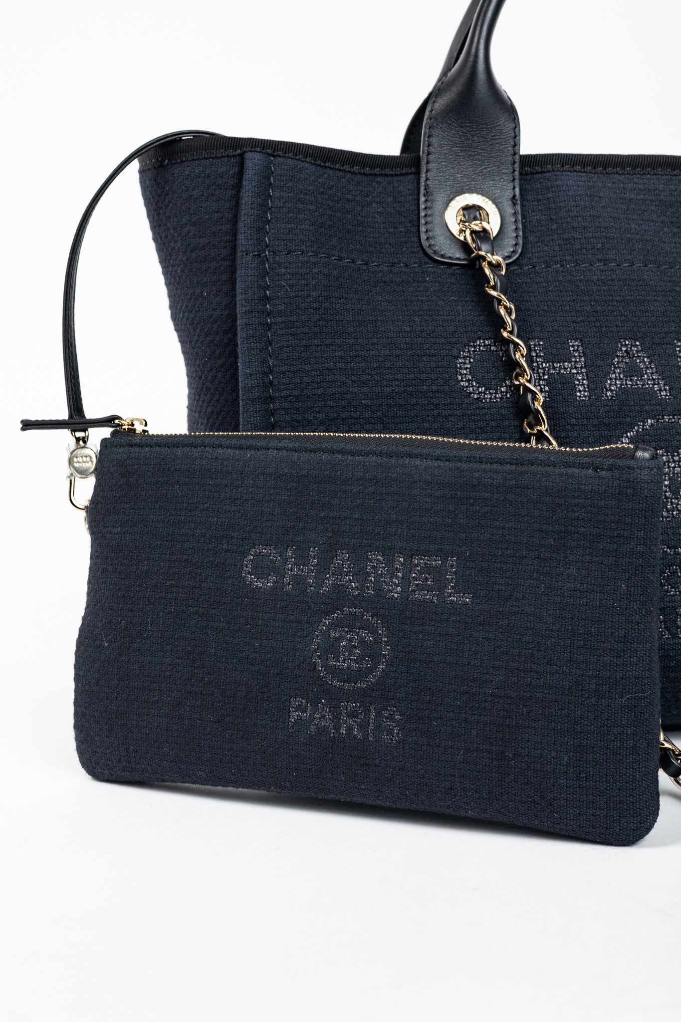 Chanel Small Deauville Black Canvas Logo Shopping Bag
