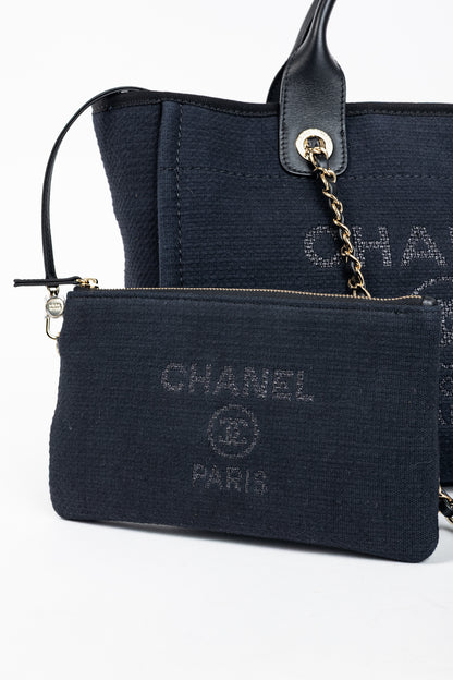 Chanel Small Deauville Black Canvas Logo Shopping Bag