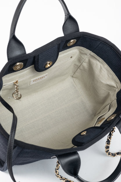 Chanel Small Deauville Black Canvas Logo Shopping Bag