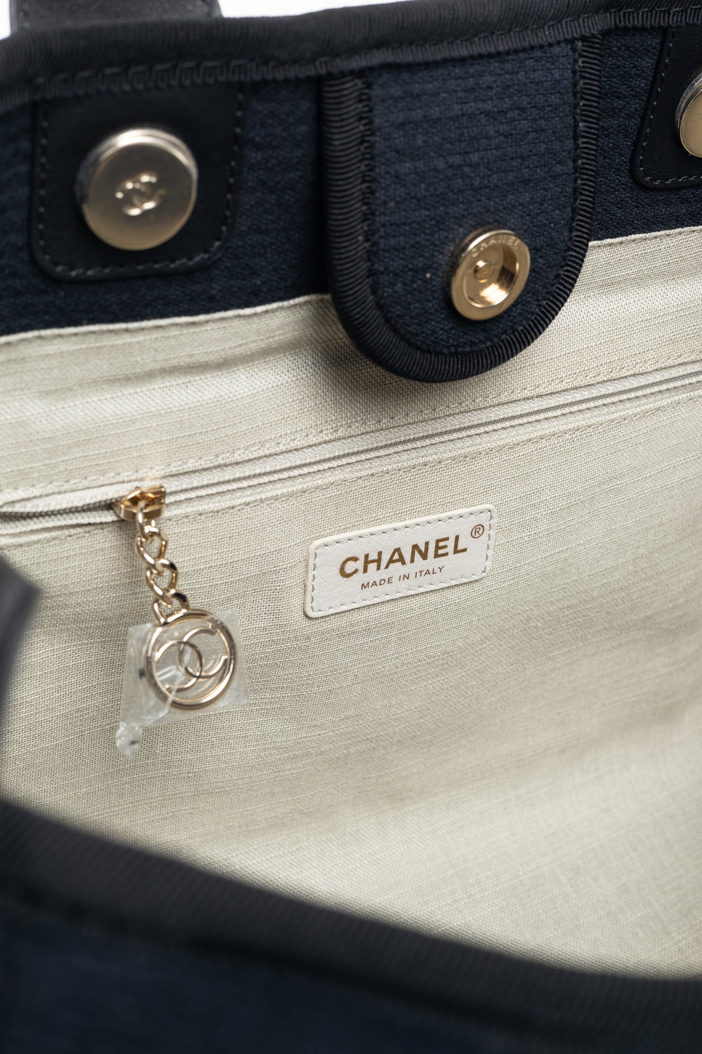Chanel Small Deauville Black Canvas Logo Shopping Bag