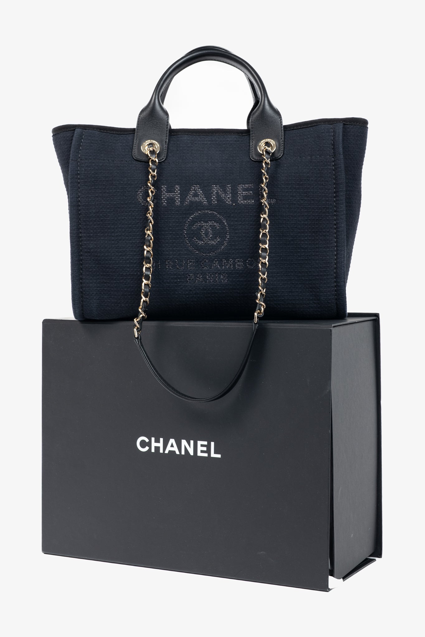 Chanel Small Deauville Black Canvas Logo Shopping Bag