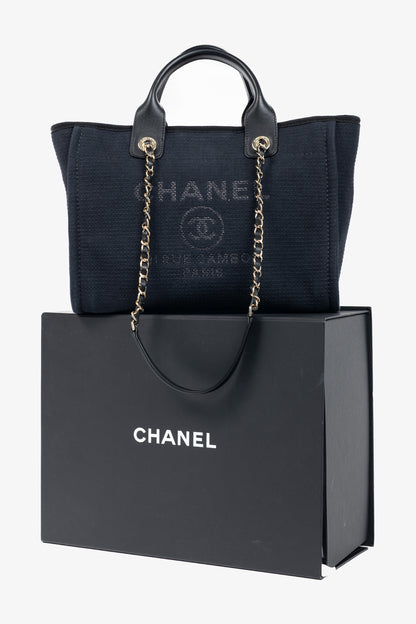 Chanel Small Deauville Black Canvas Logo Shopping Bag