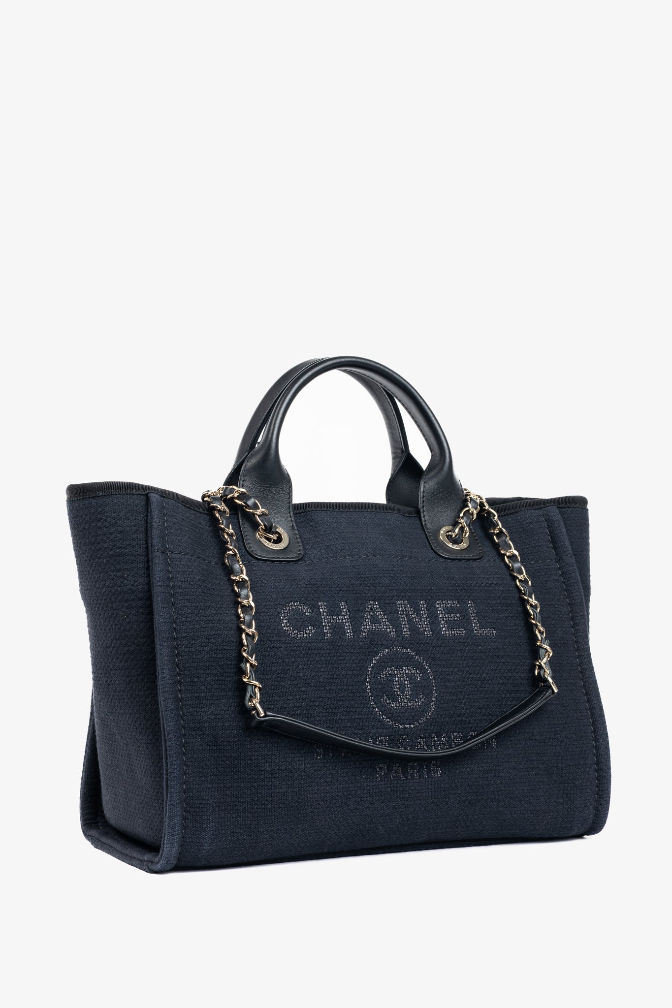 Chanel Small Deauville Black Canvas Logo Shopping Bag
