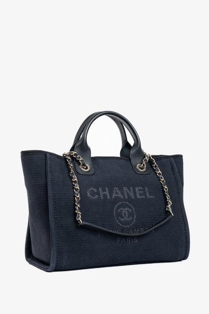 Chanel Small Deauville Black Canvas Logo Shopping Bag