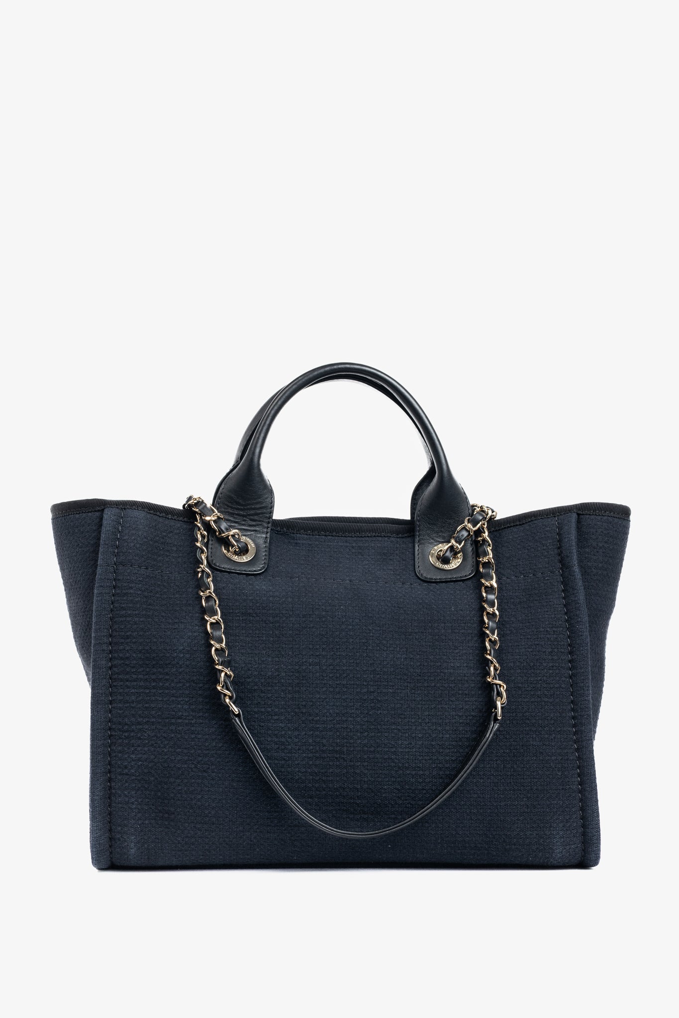 Chanel Small Deauville Black Canvas Logo Shopping Bag