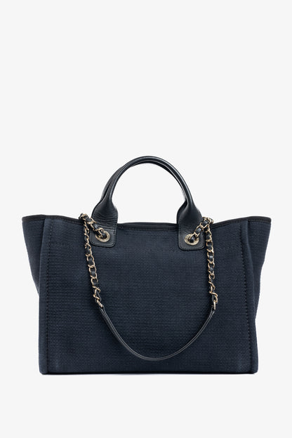 Chanel Small Deauville Black Canvas Logo Shopping Bag