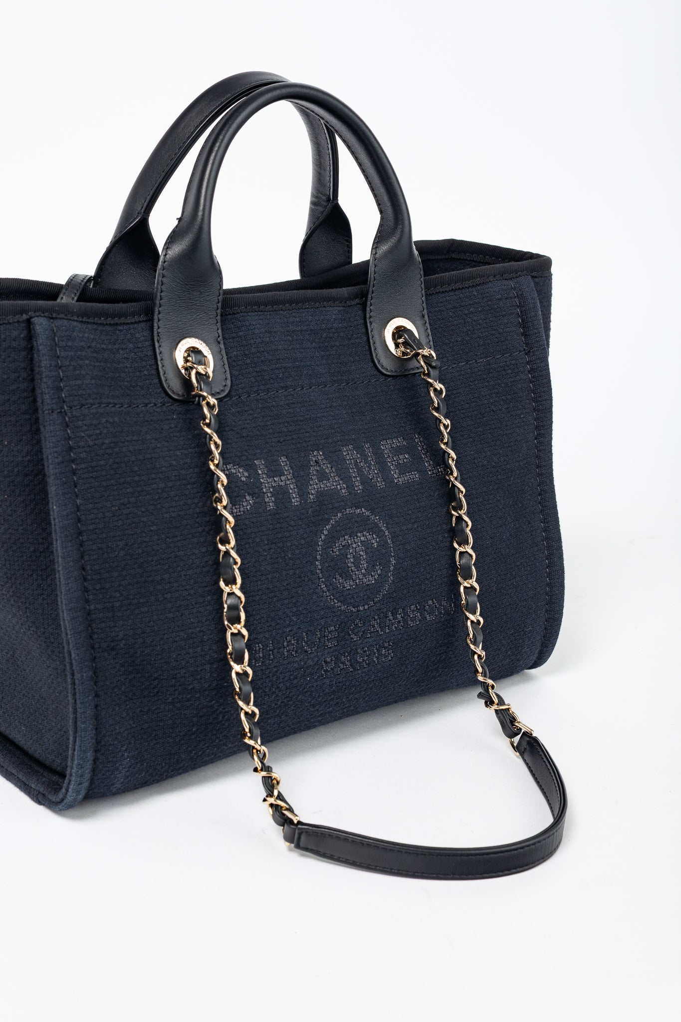 Chanel Small Deauville Black Canvas Logo Shopping Bag