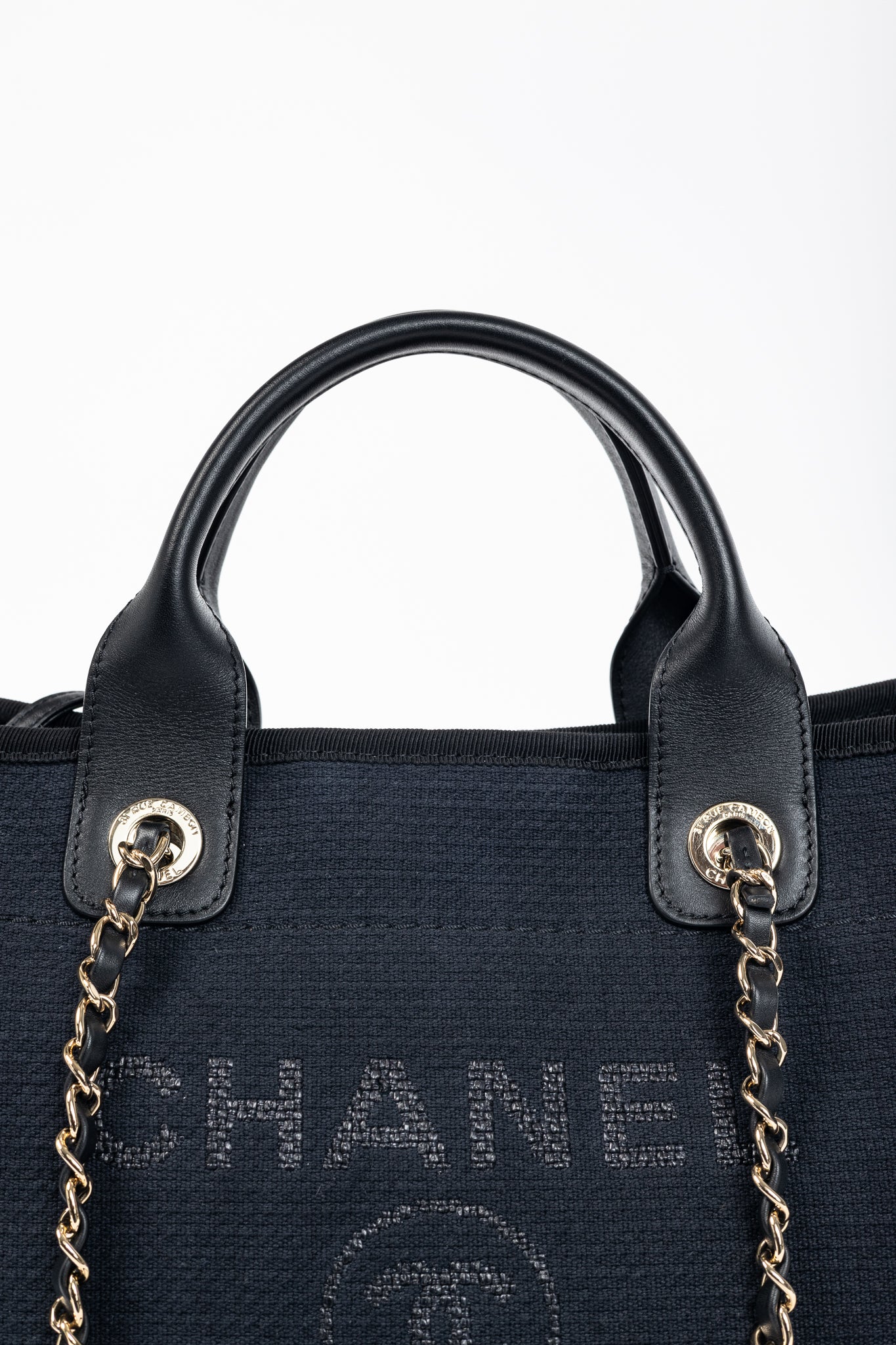 Chanel Small Deauville Black Canvas Logo Shopping Bag