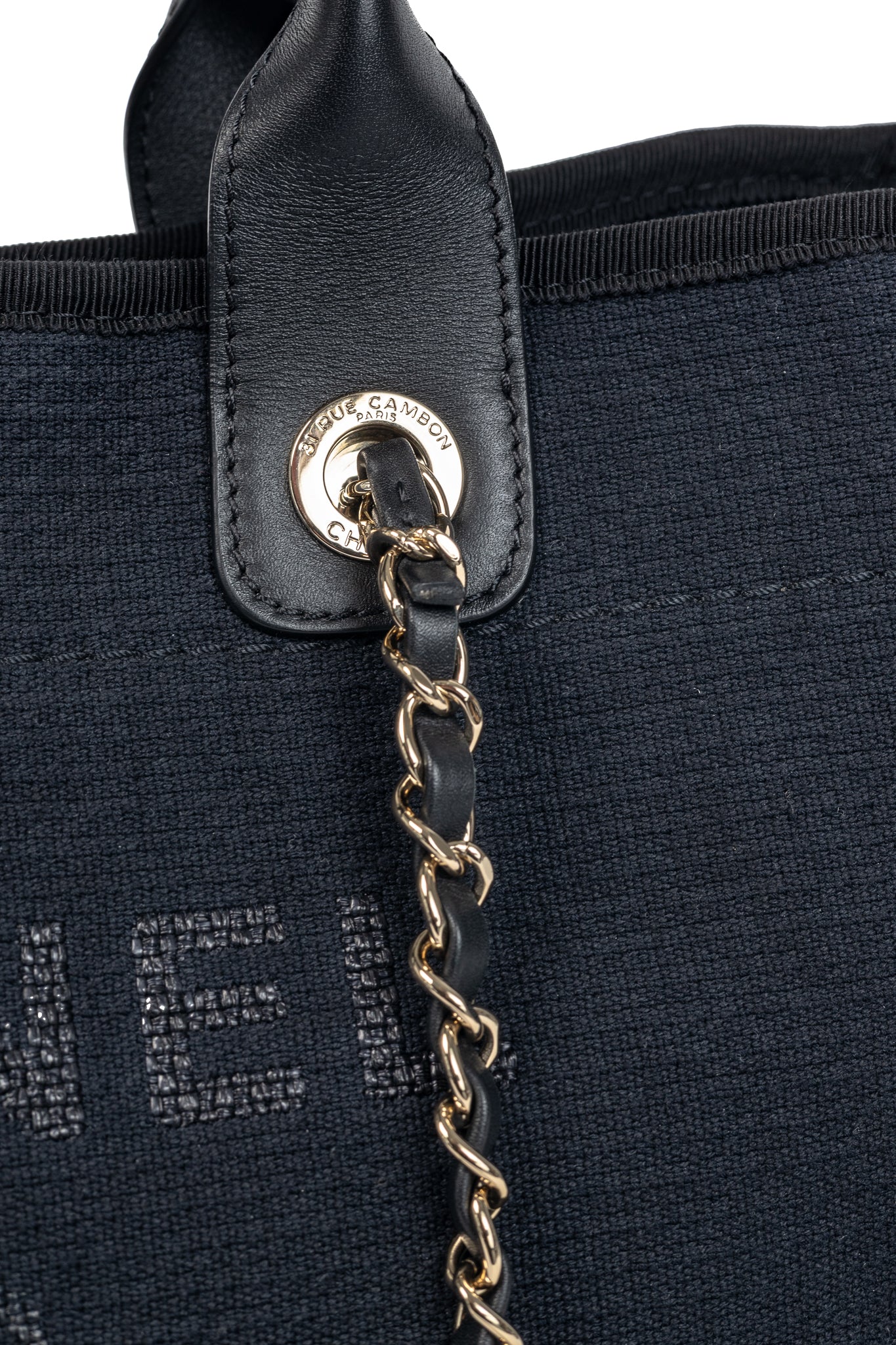 Chanel Small Deauville Black Canvas Logo Shopping Bag