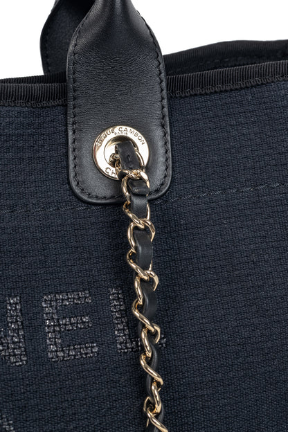Chanel Small Deauville Black Canvas Logo Shopping Bag
