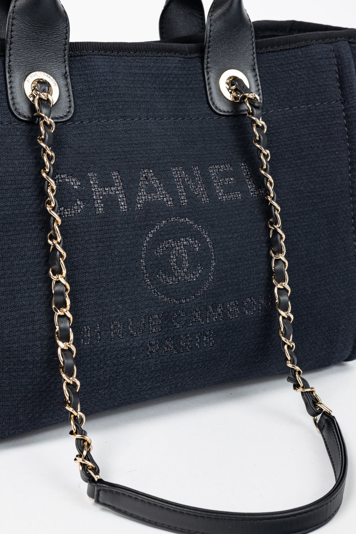 Chanel Small Deauville Black Canvas Logo Shopping Bag